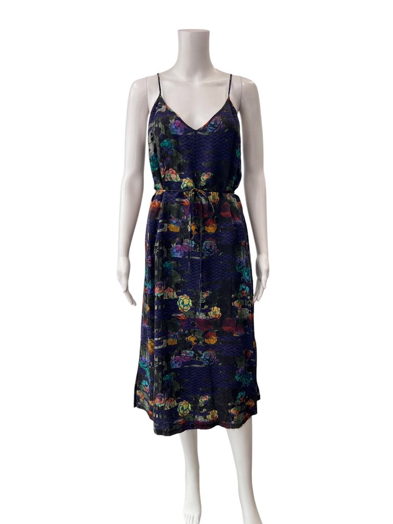 $350 Raquel Allegra Blue Multi Floral V-Neck Midi Belted Sundress Size 2